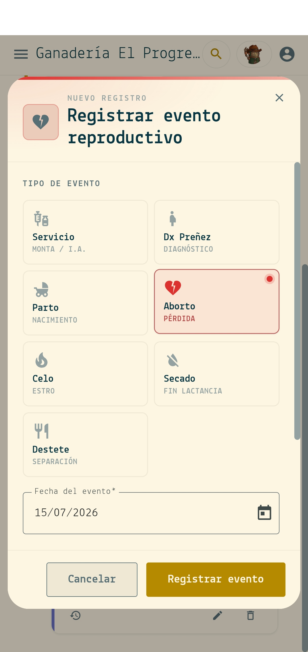Registro de un servicio en GenGanadero