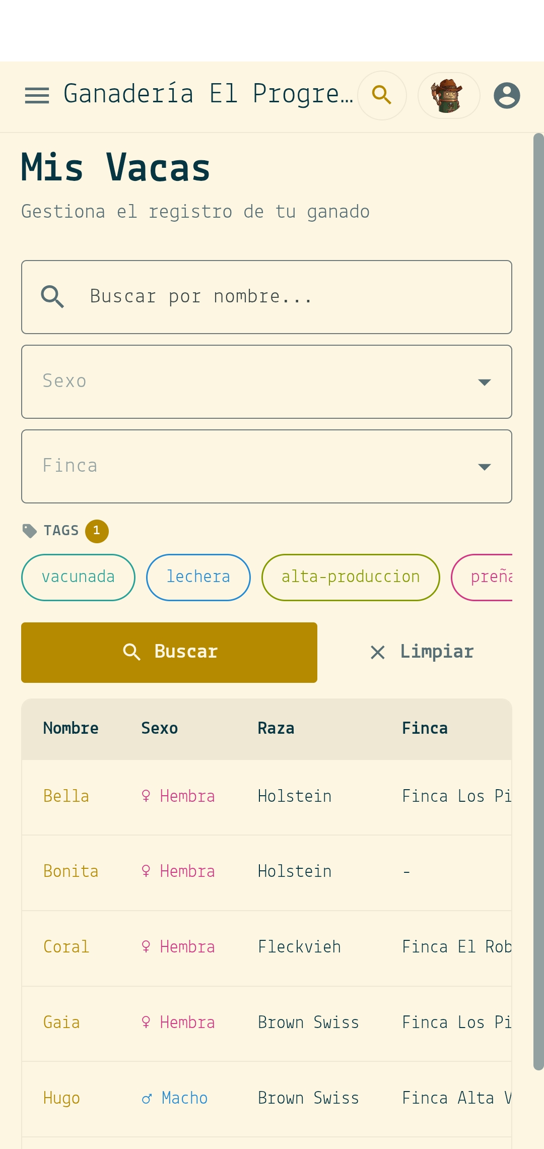 Lista de animales en GenGanadero