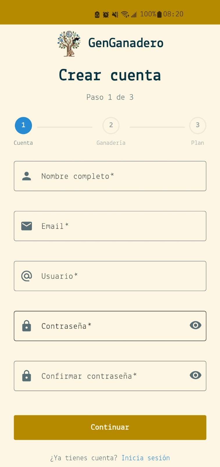Registro de usuario en GenGanadero